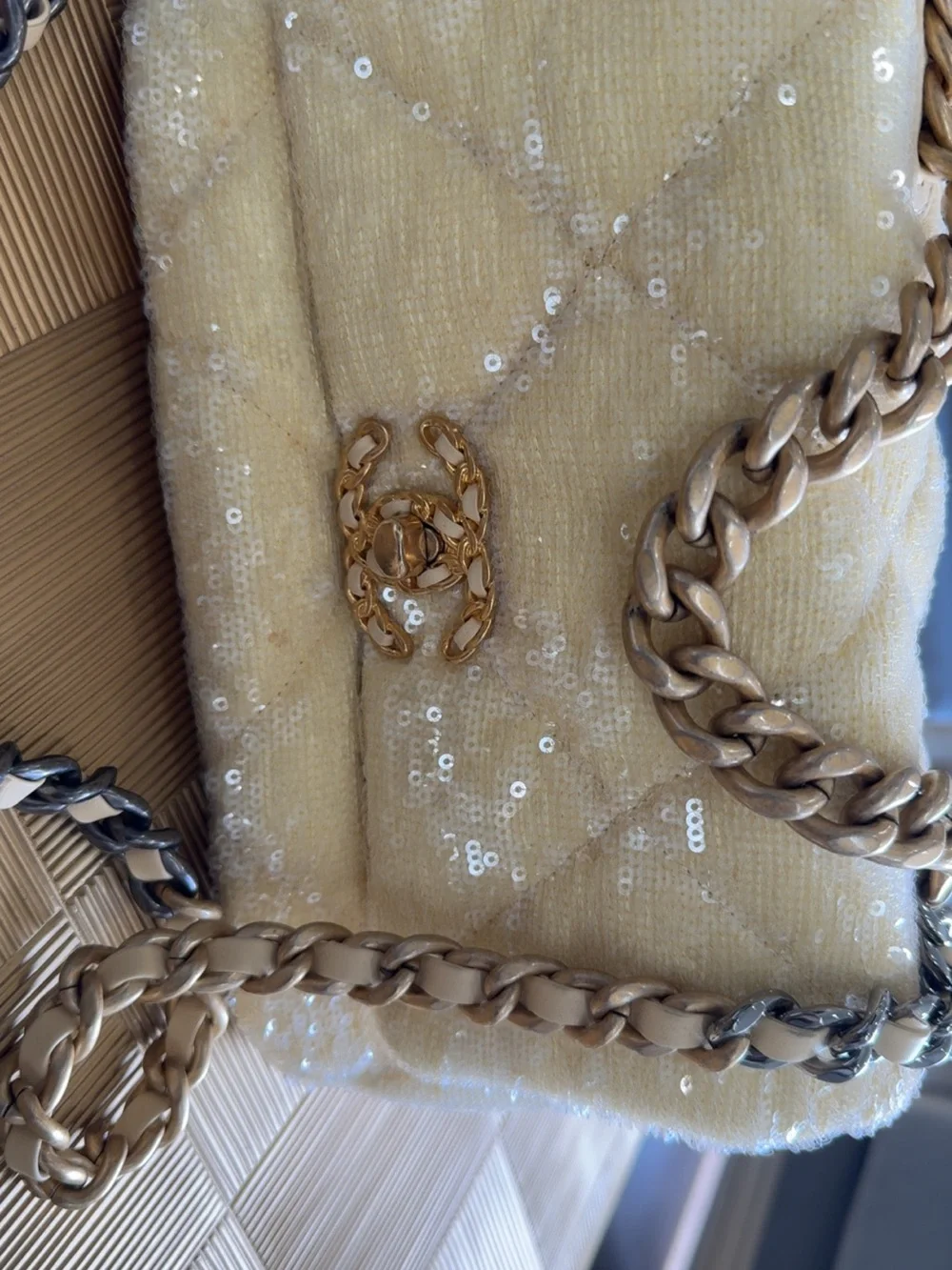 Chanel 19 Yellow Sequin flap Bag 21C